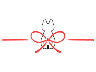 赤い蝶結びとネコ　シンプルでかわいい　線画　イラスト