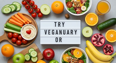 Try Veganuary Message Surrounded by Fresh Fruits and Vegetables vegetarian healthy eating