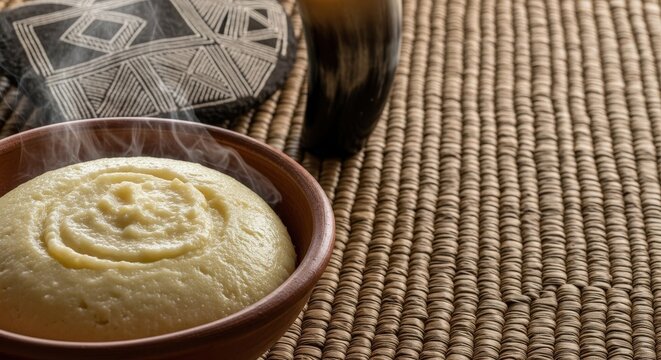 Ultra-Realistic Burundian Ugali &ndash; Glossy Steaming Maize Porridge in Hand-Thrown Clay Bowl | Imigongo Art & Cow Horn Cup