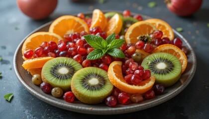 Close-up of a vibrant and colorful fresh fruit platter featuring slices of orange, kiwi, red grapes, and a garnish of fresh mint. 