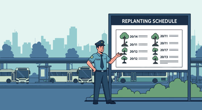 Officer overseeing urban replanting project timeline within a bustling city environment