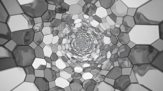 abstract 3D tunnel made of repeating hexagonal shapes, monochrome aesthetic, hypnotic symmetry, deep trance induction hypnotism concept