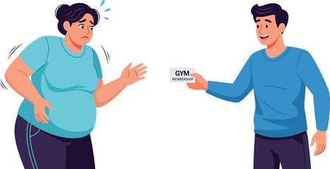 Fit man offering gym membership card to overweight woman for new year resolution clean vector composition