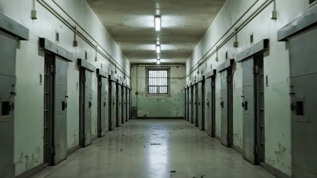 Eerie corridor in an abandoned prison with empty cells.