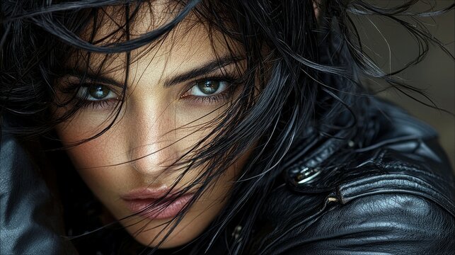 A close-up portrait of a woman with dark hair, looking directly at the camera. Her wet hair frames her face, and she wears a leather jacket. The lighting is dra