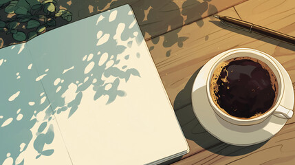 朝のカフェテーブルと光と影のコントラストが美しいノートとコーヒーの手描きイラスト