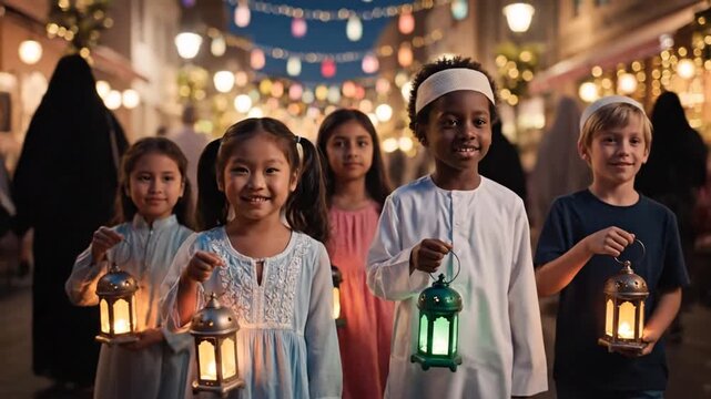 Children Walking with Lanterns in Festive Evening Street