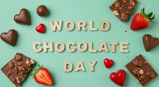 World Chocolate Day celebration with chocolate bars strawberries and heart candies Keywords: chocolate, world chocolate day, celebration, sweet, treat