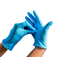 Hand in protective medical glove takes off the glove from the second hand isolated on transparent or white background