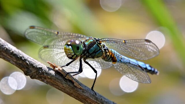Close up macro view of a dragonfly insect perched on a branch in sunlight