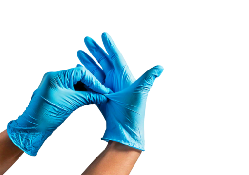 Hand in protective medical glove takes off the glove from the second hand isolated on transparent or white background