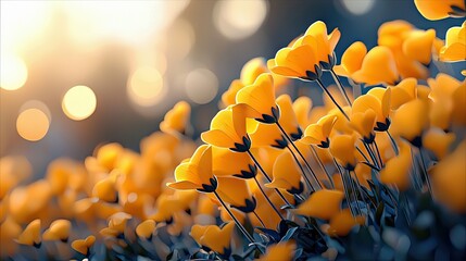 A field of yellow flowers in full bloom, with a soft bokeh effect in the background, bathed in warm sunlight.