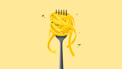 Closeup of fresh Italian spaghetti with basil and tomato on a fork, isolated on a white background