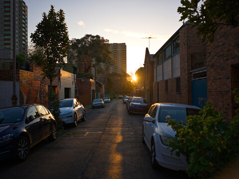Sunset View Over a Quiet Urban Fitzroy Street in the Late Afternoon