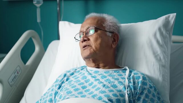 Elderly patient resting in hospital bed with intravenous drip overhead healthcare concept