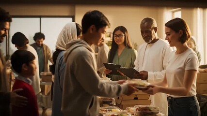 Volunteers Assembling Food Boxes for Charity in Bright Indoor Setting