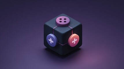 A black cube featuring a pink and purple button representing a decentralized exchange interface in an abstract design