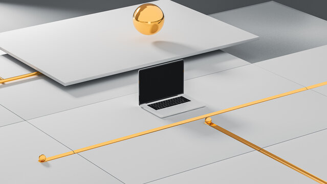 Innovative technology setup with laptop on abstract geometric design