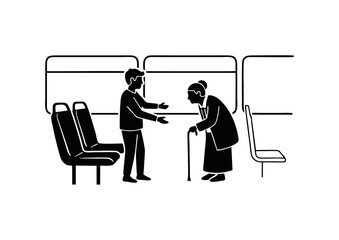 Silhouette illustration of a polite young man giving his seat to an elderly lady with a cane on public transportation
