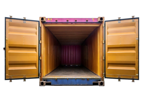 Freight transportation and shipping concept, front view of open empty cargo container isolated on transparent or white background