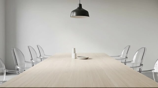 A modern, minimalist conference room with a wooden table and clear chairs.