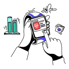 Hand Touching Smartwatch Display Showing Heart Rate Monitoring Data