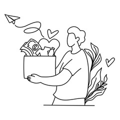 Person Carrying Donation Box with Money, Clothes, and Love Symbols.