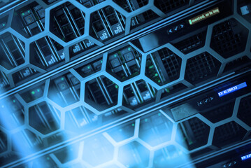 High-Tech Server Rack with Blue Lighting