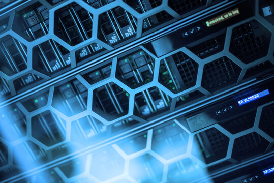 High-Tech Server Rack with Blue Lighting