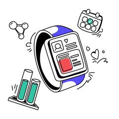 Smartwatch Displaying Profile with Calendar, Molecule, and Test Tubes Doodle