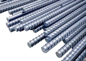 New Reinforcing Steel Bars Stack, Silver, Isolated on Transparent or White Background