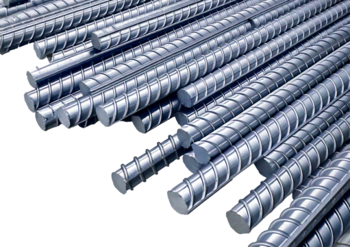 New Reinforcing Steel Bars Stack, Silver, Isolated on Transparent or White Background