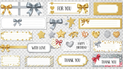 Collection of elegant gift tag and label templates with gold and silver bows, stars, hearts, and various greeting messages like thank you and for you