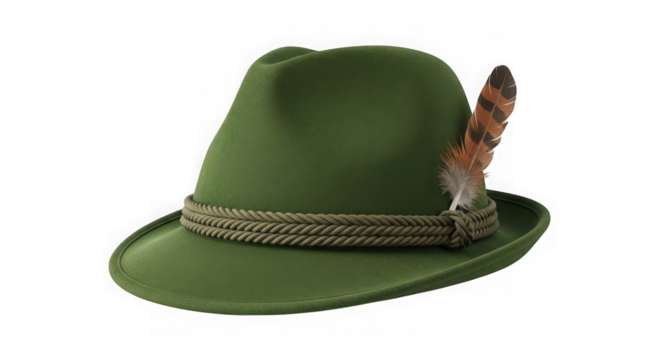 Green felt hat with feather and braided band isolated on transparent background