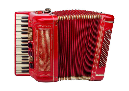 Old red accordion isolated on transparent or white background