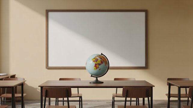 Classroom with globe on desk, blank whiteboard for education templates and learning resources