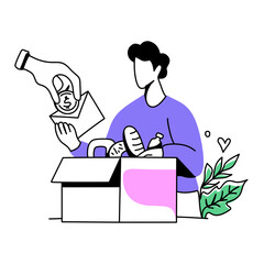 Illustrated donation scene with money, food, and a heart symbol