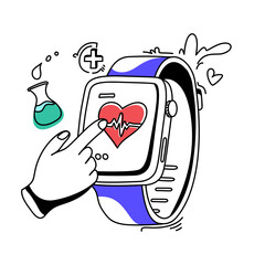Digital Health: Smartwatch Displaying Heartbeat with Hand Interaction and Medical Elements