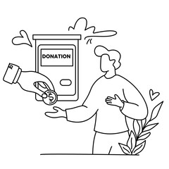 Line Art Illustration of Donation Box, Hand with Coin, and Grateful Person