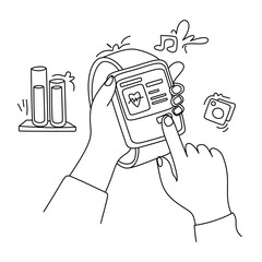 Line art illustration of hands using a smartwatch with health and music icons