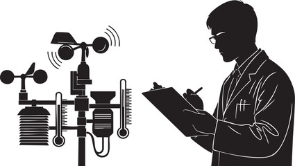 Silhouette of meteorologist taking note near weather station