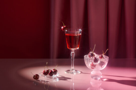 Festive red cocktail with fresh cherries for a holiday celebration. - Powered by Adobe