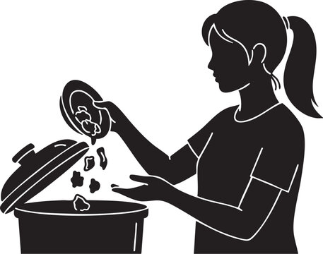 Silhouette of woman throwing food scrap from plate into trash can