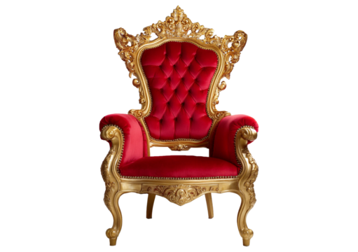 Red and golden royal armchair isolated on transparent or white background