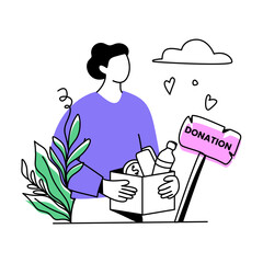 Person Donating Food and Essentials with Donation Sign and Hearts.