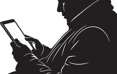 Silhouette of person in hooded coat using a digital tablet