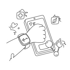 Hand Holding Smartphone with Smartwatch and Health Icons, Outline Style.