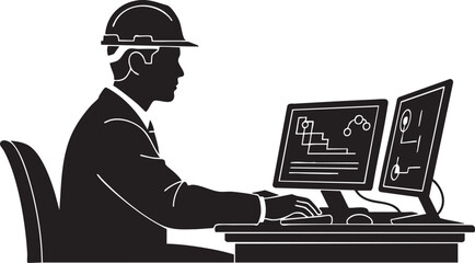 Silhouette of engineer in hard hat working on dual computer monitor