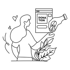 Line art of woman donating money online with hearts and leaves