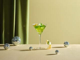 Festive cocktail with disco balls, perfect for celebratory holiday